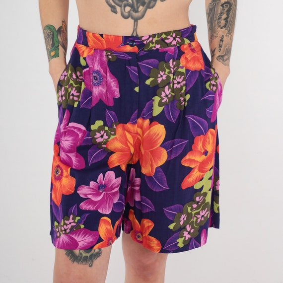 Vintage Tropical Floral Shorts 90s Purple Flower Print Neon Orange Shorts Summer Surfer High Waisted Elastic Waist Casual Baggy 1990s Medium
