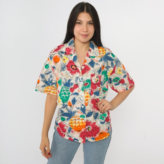 90s Floral Pineapple Shirt Fruit Print Vintage Button Up Blouse Retro Summer Pattern Top Retro Short Sleeve White Red 1990s Medium M