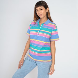 Multicolored Striped Polo Shirt 90s Jantzen T-Shirt Collared Tee Short Sleeve Half Button up Pink Blue Green Yellow Vintage 1990s Medium M