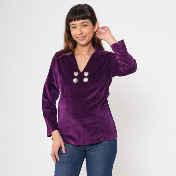 Purple Velvet Top 70s Vintage Blouse V Neck Long Sleeve Velvet Shirt Retro Top Boho Velvet Purple Shirt Hippie Vintage Luxe Rich Medium M