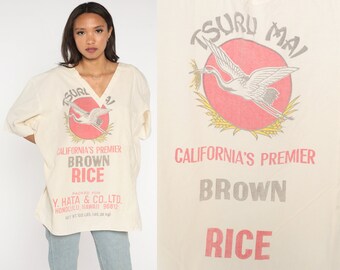 Vintage Rice Sack Shirt Tsuru Mai Hawaii Flour Sack Tshirt Crane Bird Shirt 90s Feedsack Vintage T Shirt Graphic Tee 1990s t shirt 3xl xxxl