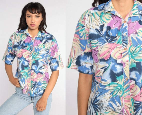 Tropical Floral Shirt Blue Purple Hawaiian Blouse Button Up 80s Vintage Surfer Vacation Short Sleeve Top 1980s Small S