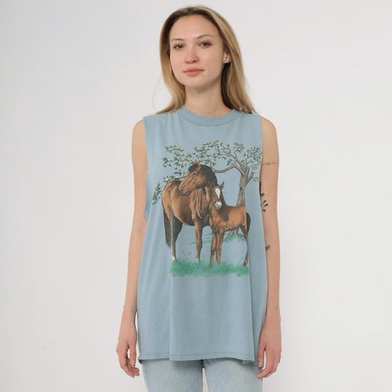 Horse Muscle Tee 90s Tank Top Pale Blue Sleeveless Cotton Mare Foal Western Tree Nature Animal Pastoral Vintage Crew Neck Extra Large XL