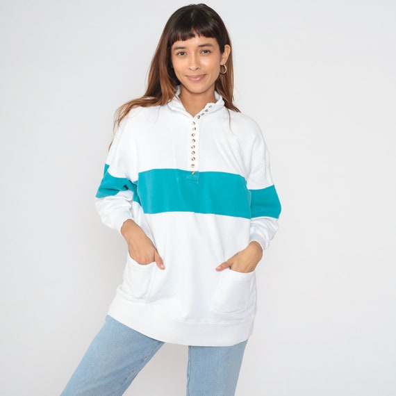 Striped Henley Sweatshirt 90s Button up Pullover Sweatshirt White Blue Retro Crewneck Sweater Pockets Athleisure Basic Vintage 1990s Large L