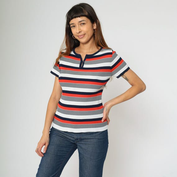 70s Striped Shirt Red White Blue Mod Blouse Keyhole Neck Retro Shirt Ribbed Knit Tee Vintage 1970s Blouse Short Sleeve Small Medium