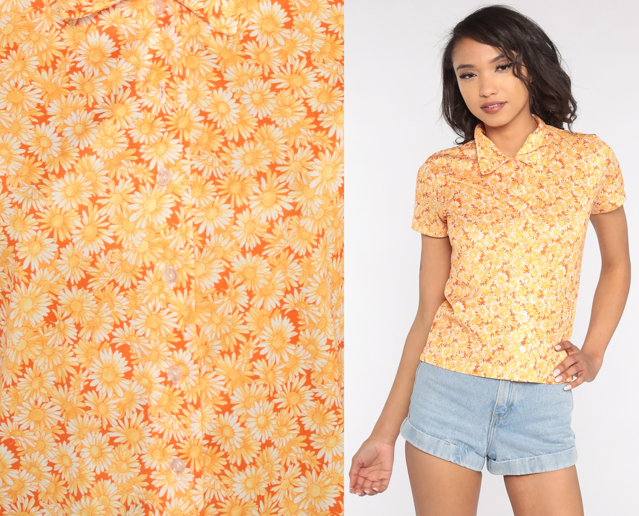 90s Button up Shirt Orange Floral 