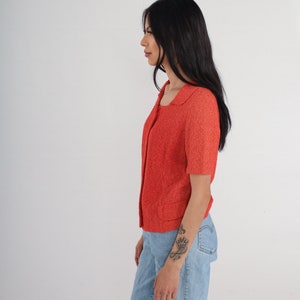 Orange Knit Blouse 90s Knit Sweater Top Short Sleeve Button up Blouse Collared Retro Preppy Shirt Boho Vintage 1990s Small S image 5