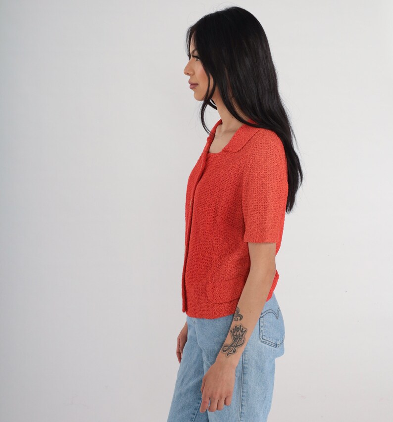 Orange Knit Blouse 90s Knit Sweater Top Short Sleeve Button up Blouse Collared Retro Preppy Shirt Boho Vintage 1990s Small S image 5