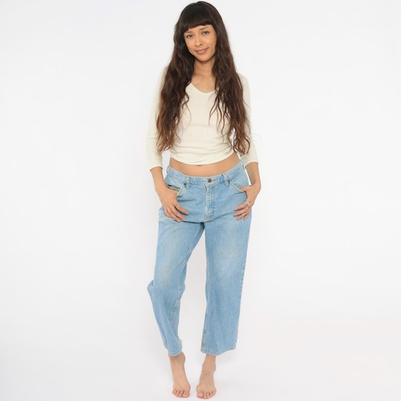 Distressed Light Wash Jeans 2000s Straight Leg Cropped Denim Pants Blue Cotton Raw Hem Cut Off Relaxed Fit Mid Rise Vintage 34 x 30 Large L