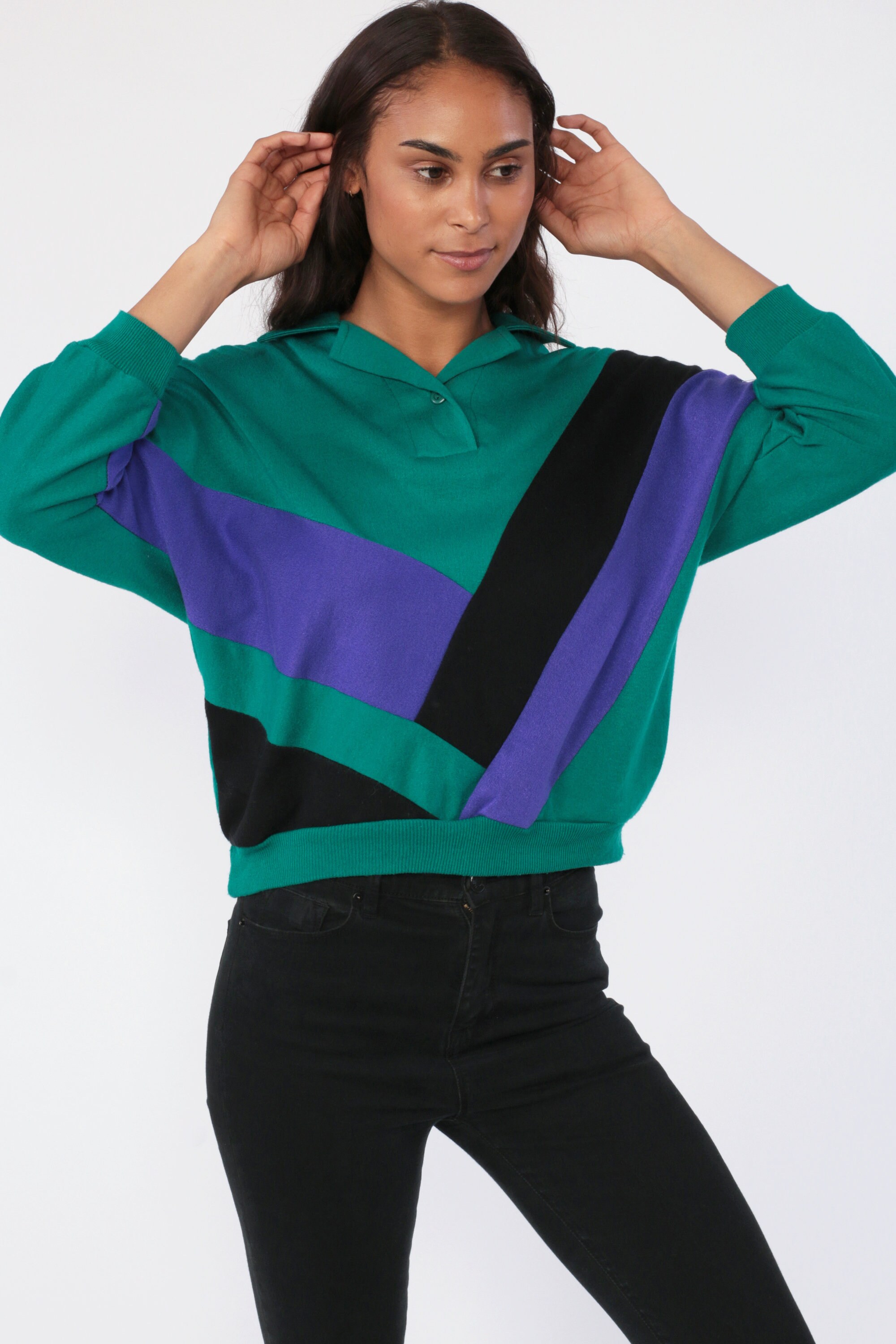 80s Color Block Sweatshirt Polo Quarter Half Button Up Polo 1980s Green Purple Color Block Black 