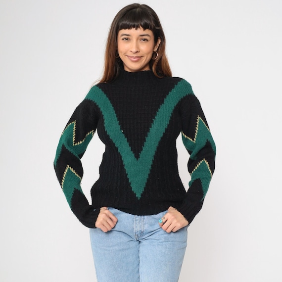 Vintage 80s Black Wool Sweater Chevron Zigzag Knit Pullover Mock Neck Long Sleeve Skyr Sportswear Fitted Retro Ski Jumper Extra Small xs