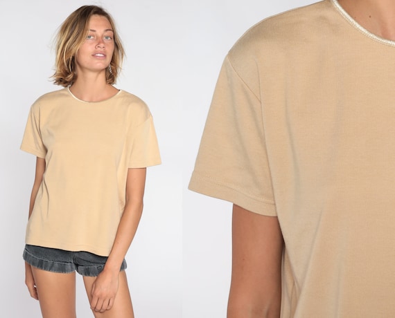 Tan T Shirt 90s Rib Knit Top Metallic Gold Trim Blouse Short Sleeve Tee 1990s Plain T-Shirt Minimalist Normcore Classic Retro Vintage Medium