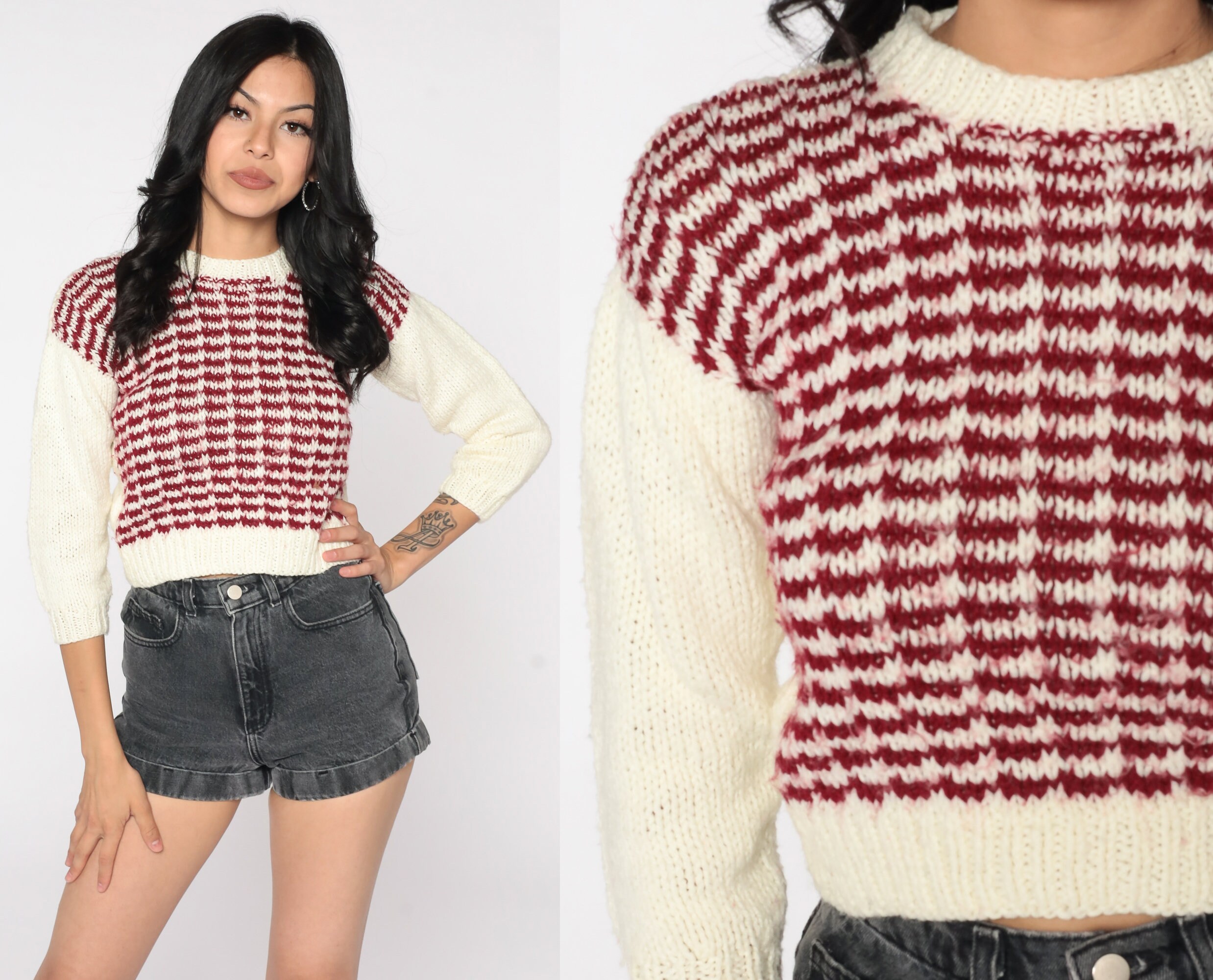 80s Cropped Sweater Red Cream Striped Knit Sweater Slouch - Etsy