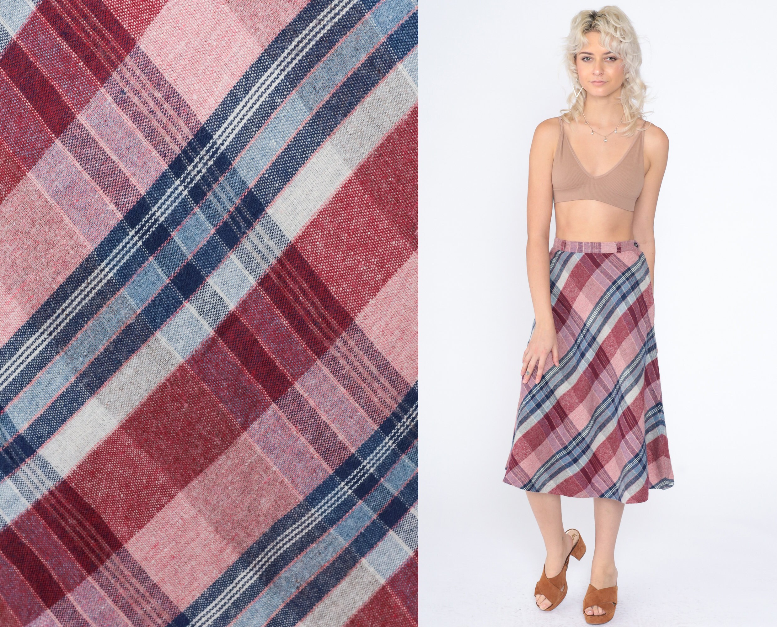 80s Plaid Skirt Retro Midi Skirt High Waisted School Girl Preppy
