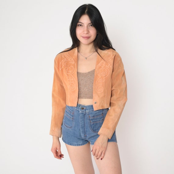 Cropped Suede Jacket 90s Brown Tan Leather Embroi… - image 2
