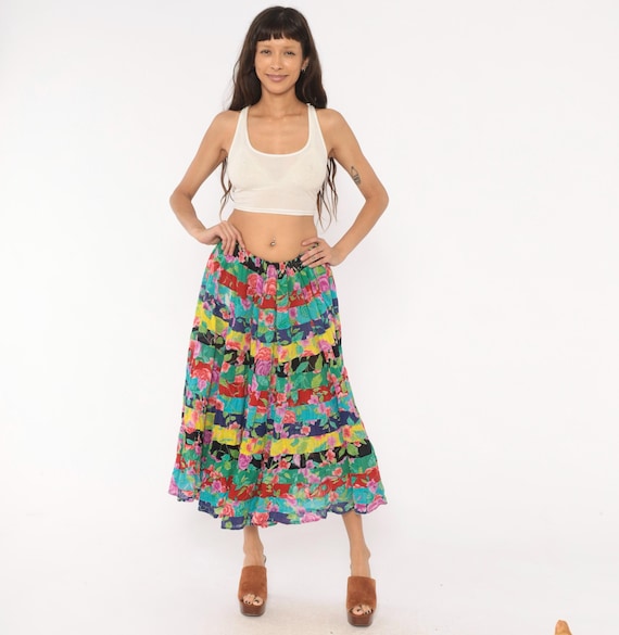 90s Patchwork Tiered Skirt Floral Rose Cotton Gauze Colorful Teal Pink Red Yellow Crinkle Full Sweep Prairie Hippie Fairycore Small S