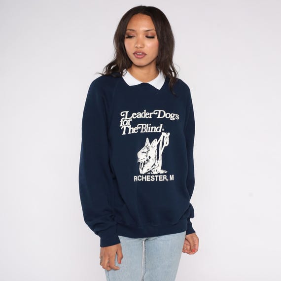 Leader Dogs For The Blind Sweatshirt Vintage 90s Navy Blue Graphic Crewneck Dog Print Rochester Michigan Pullover Service Dog Extra Large XL