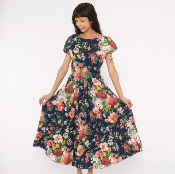 80s Floral Midi Dress Navy Cotton Garden Print Scoop Back Flutter Sleeve Fitted Waist Pleated Skirt Rose Pink Green  Vintage Small S