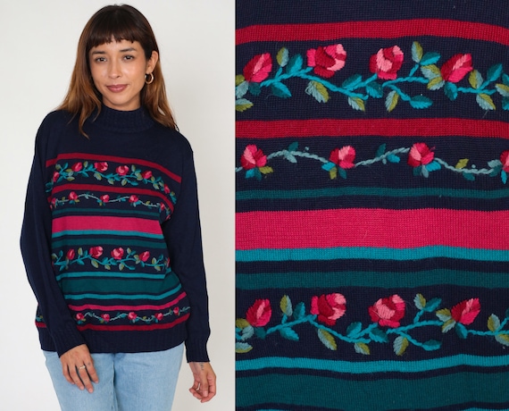 Embroidered Floral Sweater 80s Navy Blue Pullover Knit Sweater Pink Red Striped Mockneck Boho Wool Blend Vintage 1980s Alfred Dunner Large L