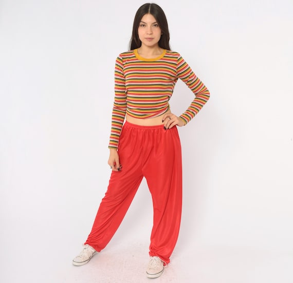 70s Red Lounge Pants Elastic Waist Tapered Leg Cherry Slouchy Loose Baggy Pull On Genie Bottoms High Rise Pajama Womens Vintage Medium M