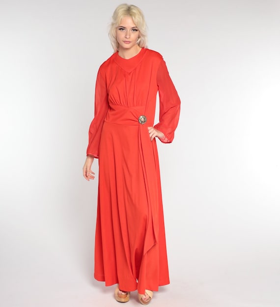 1970s Maxi Dress Red Rhinestone Disco Dress High Waist 70s Boho Grecian Party Long Sheer Sleeve Draped Sash Bohemian Formal Medium
