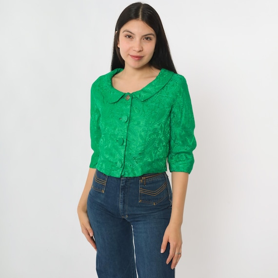 60s Cropped Brocade Jacket Green Paisley Crop Jacket Button Up Jackie O Style 1960s Mad Men 1/2 Sleeve Cocktail Party Vintage Small