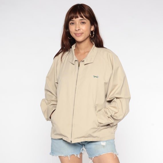 Beige Zip Up Jacket 80s Cotton Blend Pointed Collar Embroidered Fox Logo Windbreaker Vintage Casual Sporty Minimalist Fall Wardrobe Medium M