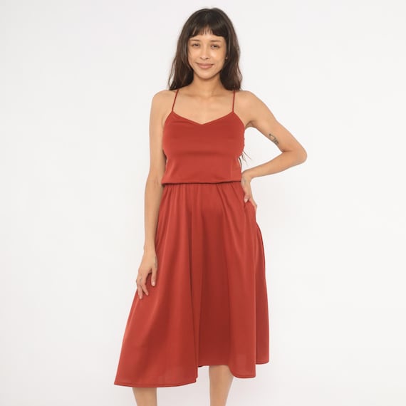 70s Rust Sundress Blouson Midi Dress Terra Cotta Copper V Neck Gathered Waist Flowy Skirt Summer Hippie Bohemian Vintage Extra Small XS