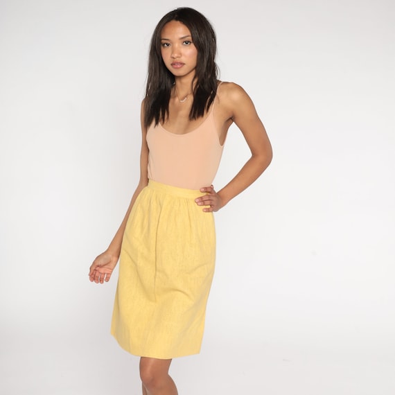 Yellow Pencil Skirt 60s Skirt High Waisted Preppy Wiggle Straight Linen Retro Fitted Basic Girly Chic Secretary Vintage 1960s 2xs 22