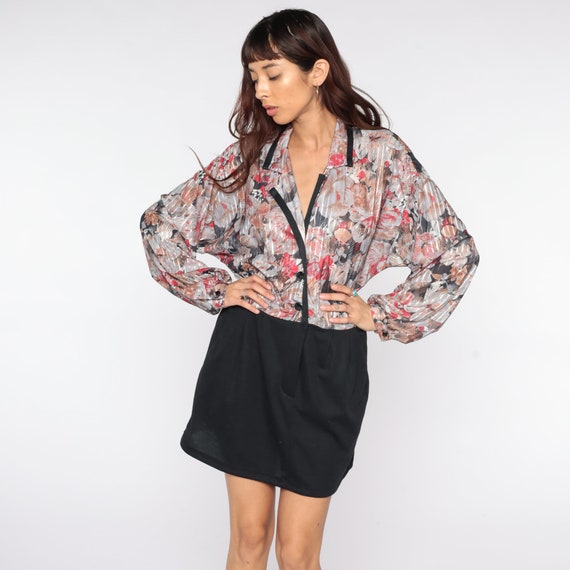 70s Floral Dress Mini Secretary Dress Black Collared Pocket Boho Hippie Button Up High Waist Bohemian 1970s Vintage Long Sleeve Medium