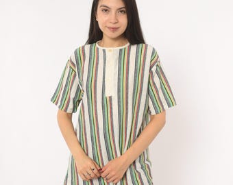 Maglietta Henley a righe anni '70, top a righe verticali multicolore, maglietta a maniche corte in cotone, verde, rosso, giallo, crema, vestibilità comoda, vintage, taglia extra large XL