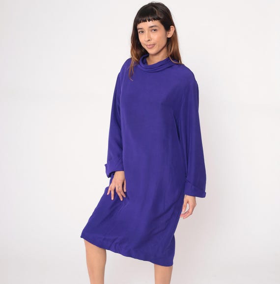 90s Purple Silk Dress Long Sleeve Minimalist Vintage Turtleneck Violet Shift Loose Fit Mock Neck Relaxed Draped Styling Jewel Tone Large L