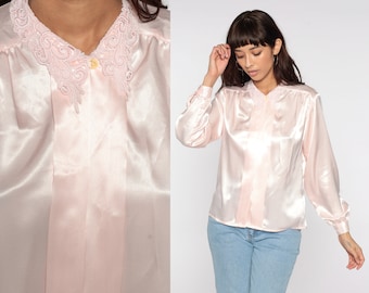 Lace Collar Blouse 80s Baby Pink Satin Top Button Up Pleated Vintage Preppy Collar Secretary Shirt Boho Long Sleeve Vintage 10 Medium M