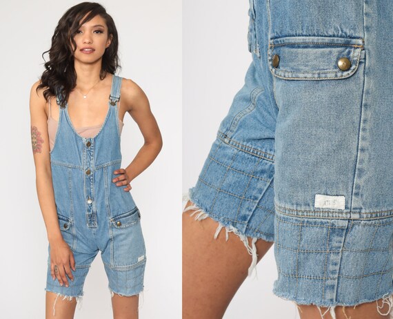 Guess Overalls 90s Shorts Denim Shortalls Frayed W