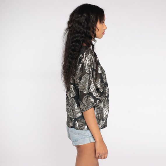 Silver Floral Shirt Metallic Sheer Blouse Rose Pr… - image 5