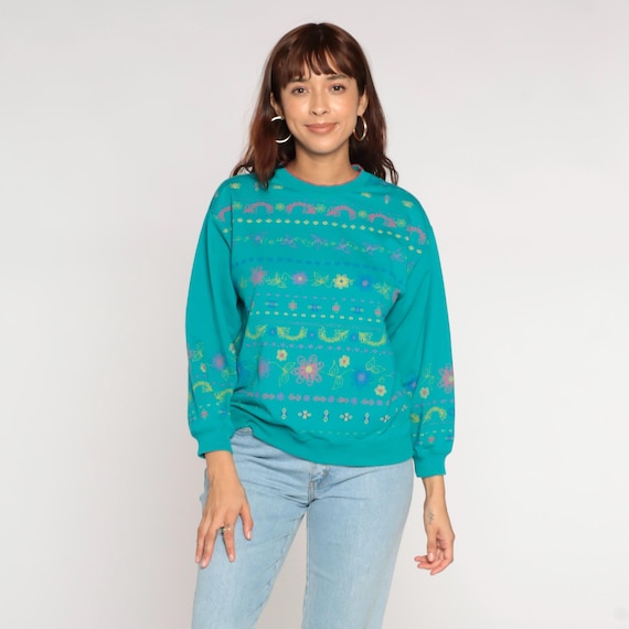 Vintage Teal Floral Sweatshirt 80s 90s Sweatshirt Flower Print Crewneck Pullover Flower Print 1990s Petite Small S