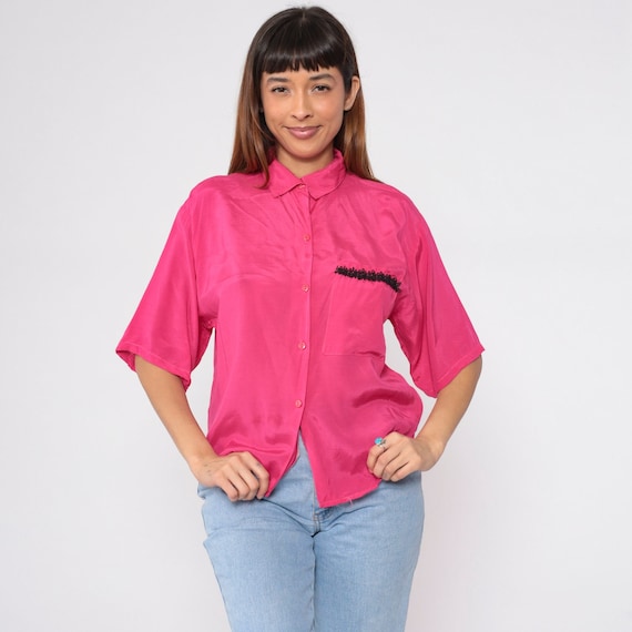 Hot Pink Blouse 90s Button Up Shirt Retro Short Sleeve Top Black Soutache Trim Chest Pocket Basic Plain Simple Casual Vintage 1990s Medium M