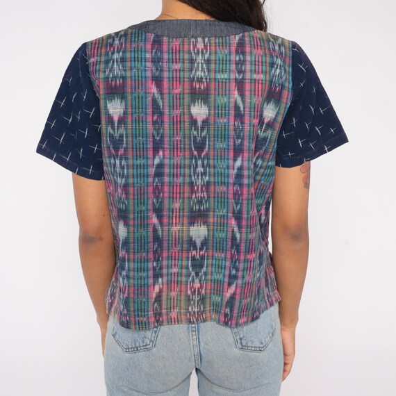 Patchwork Button Up 90s Ikat Print Navy Chambray … - image 7
