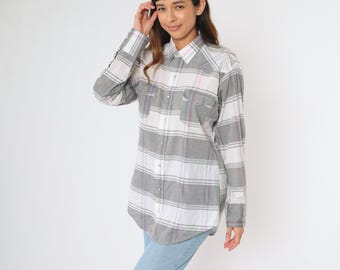 Camisa vaquera a cuadros vintage de los años 80 con botones en gris perlado y blanco, estilo rodeo, a cuadros, estilo retro, manga larga, para hombre, talla grande, 16 x 34, cola extra larga