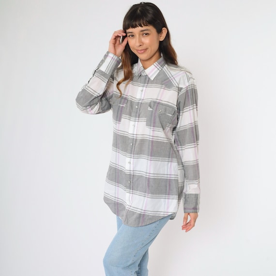 Vintage Plaid Western Shirt 80s Pearl Snap Grey White Button Up Rodeo Checkered Retro Long Sleeve 1980s Men's Large 16 x 34 Extra Long Tail