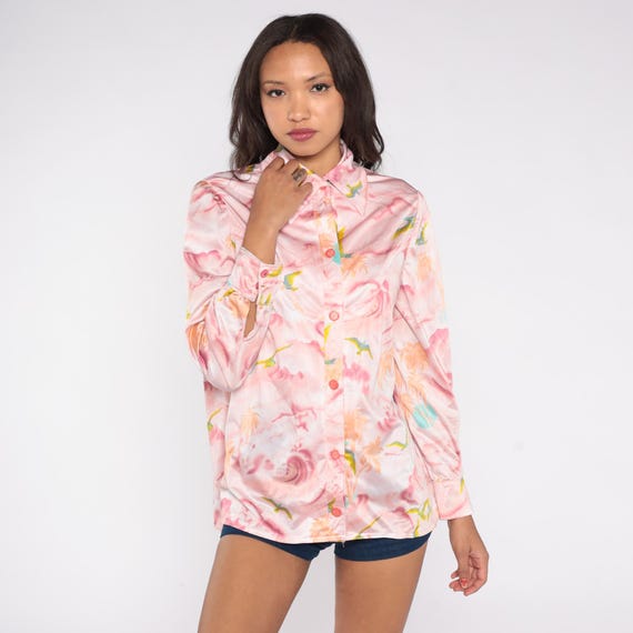 70s Pink Blouse Palm Tree Bird Print Watercolor Pastel Beach Top Summer Long Sleeve Pointed Collar Polyester Seagull Pattern Medium M