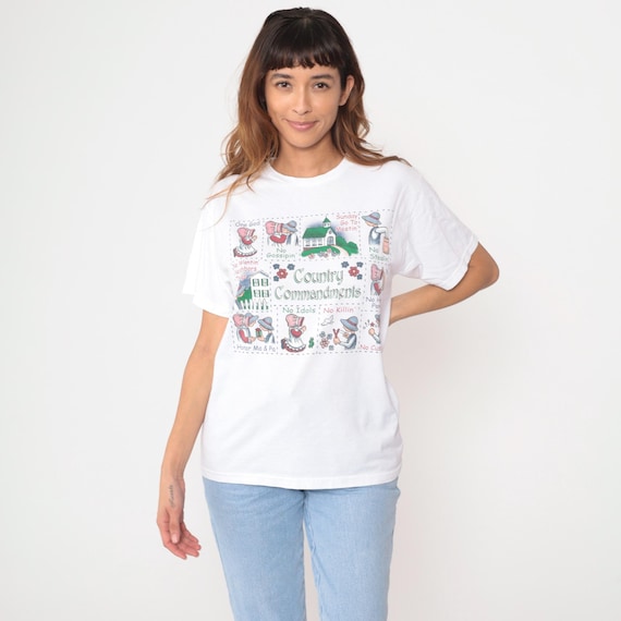 90s Country Commandments Tee Cottagecore Novelty Graphic Prairie Bonnet Folk Art Farmhouse Kitsch Rural Whimsy White Vintage Medium M