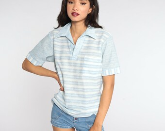 Striped Polo Shirt 70s White Baby Blue Shirt Half Button Up Shirt Polo Shirt Collared 1970s Stripes Nerd Retro Vintage Medium Large