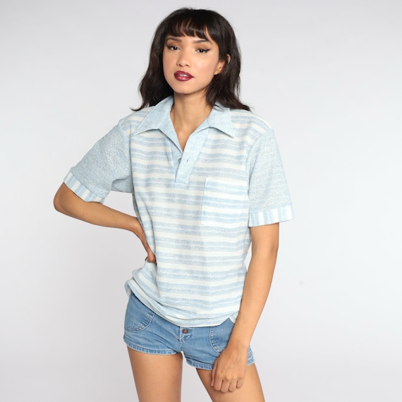 Striped Polo Shirt 70s White Baby Blue Shirt Half Button Up Shirt Polo Shirt Collared 1970s Stripes Nerd Retro Vintage Medium Large