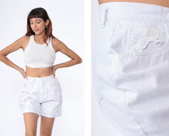 White Jean Shorts 90s Floral Lace Trim Denim Shorts High Waisted Rise Shorts Retro Casual Summer Shorts Vintage 1990s Small 29 7