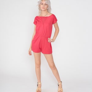 Cherry Red Romper 80s Playsuit Boatneck One Piece Jumpsuit Mesh Short Sleeve Shorts Summer High Waist Mini Dress Cotton Vintage 1980s Medium image 2