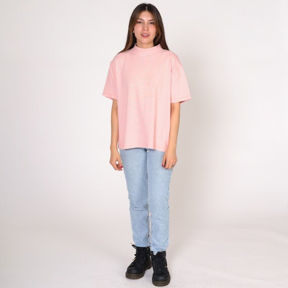 90s Striped Shirt Salmon Pink White T-Shirt Mock … - image 3