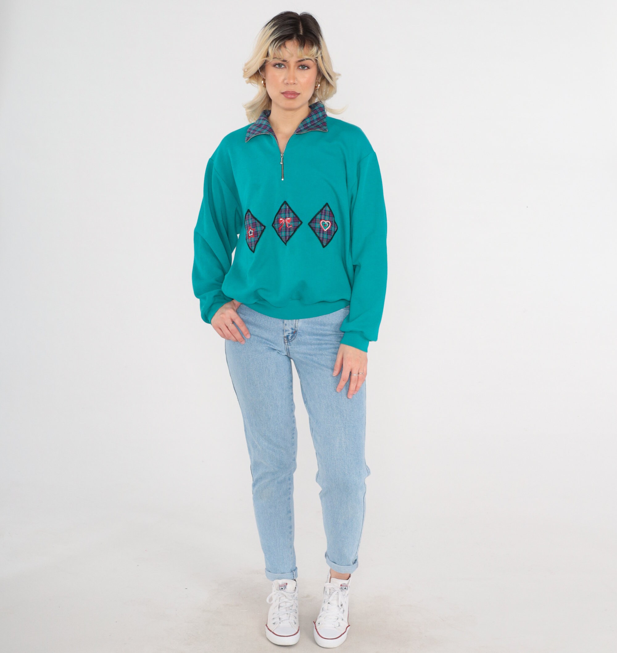 Green Plaid Sweatshirt 90s Quarter Zip Sweatshirt Diamond Patchwork Bow ...