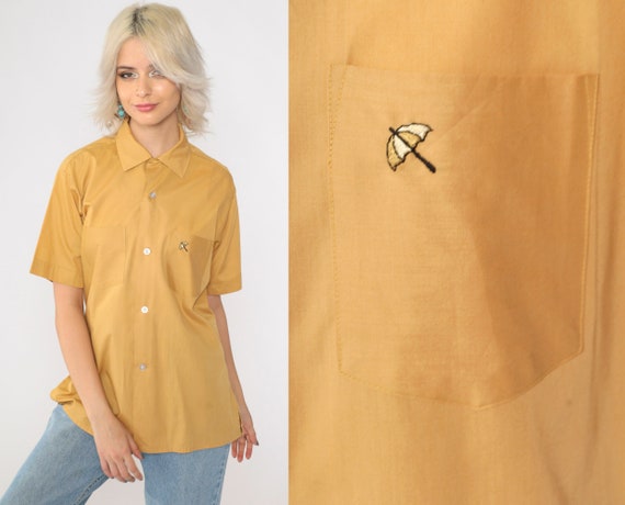 70s Mustard Button Up Shirt Embroidered Umbrella Pocket Oxford Collar Boho 1970s Yellow Disco Vintage Collared Plain Short Sleeve Medium