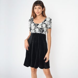 Floral Velvet Dress 90s Black White Mini Grunge Dress Babydoll Party Dress Short Sleeve High Waist Minidress Vintage Velour Small Medium